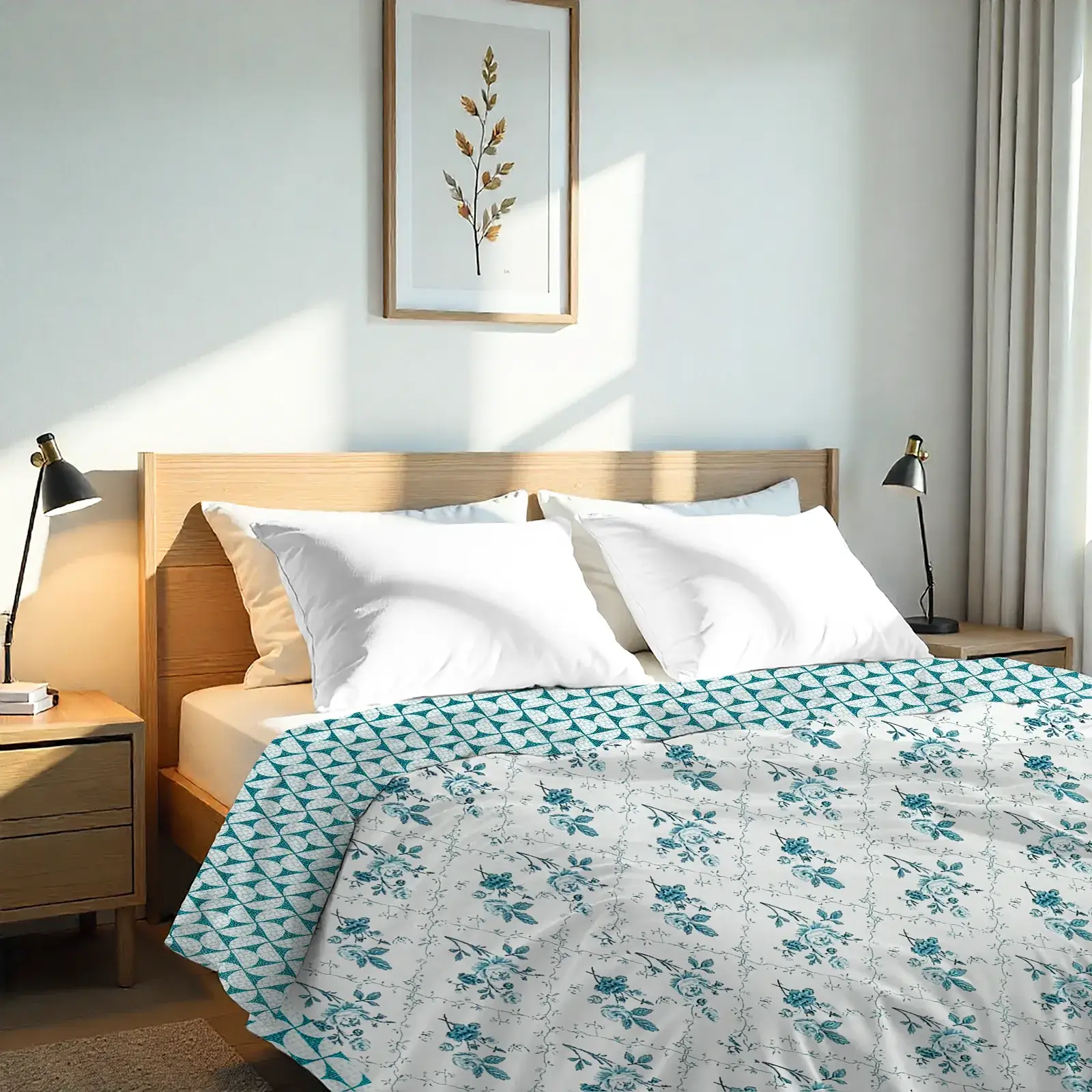 DOUBLE BED MALMAL 100% COTTON REVERSIBLE DOHARS – AQUA TRELLIS
