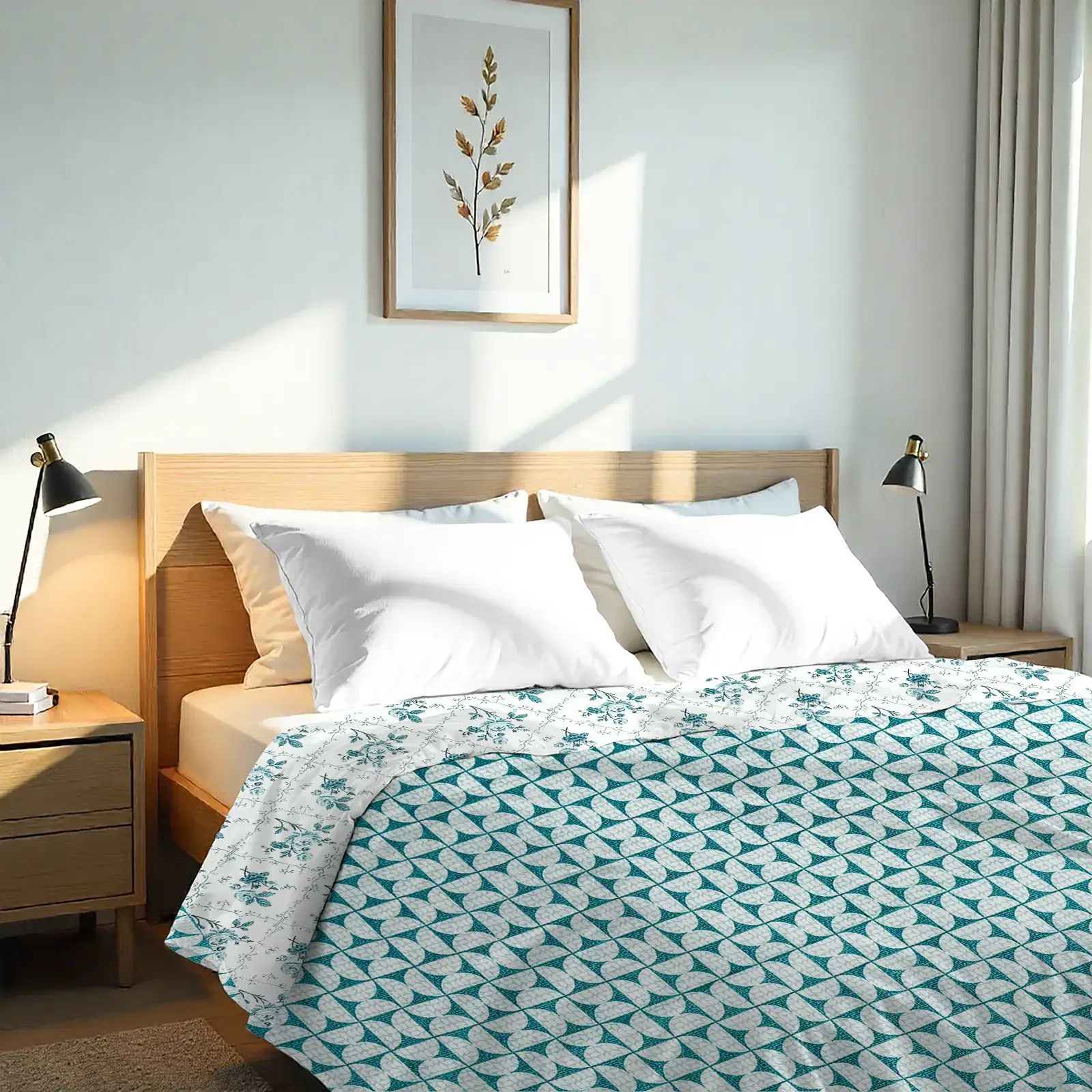 DOUBLE BED MALMAL 100% COTTON REVERSIBLE DOHARS – AQUA TRELLIS