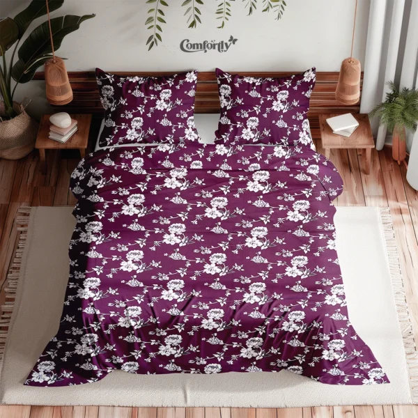 100% Cotton Double Size Bedsheet – Wine Rose Charm with elegant floral design and soft breathable fabric for stylish bedroom decor