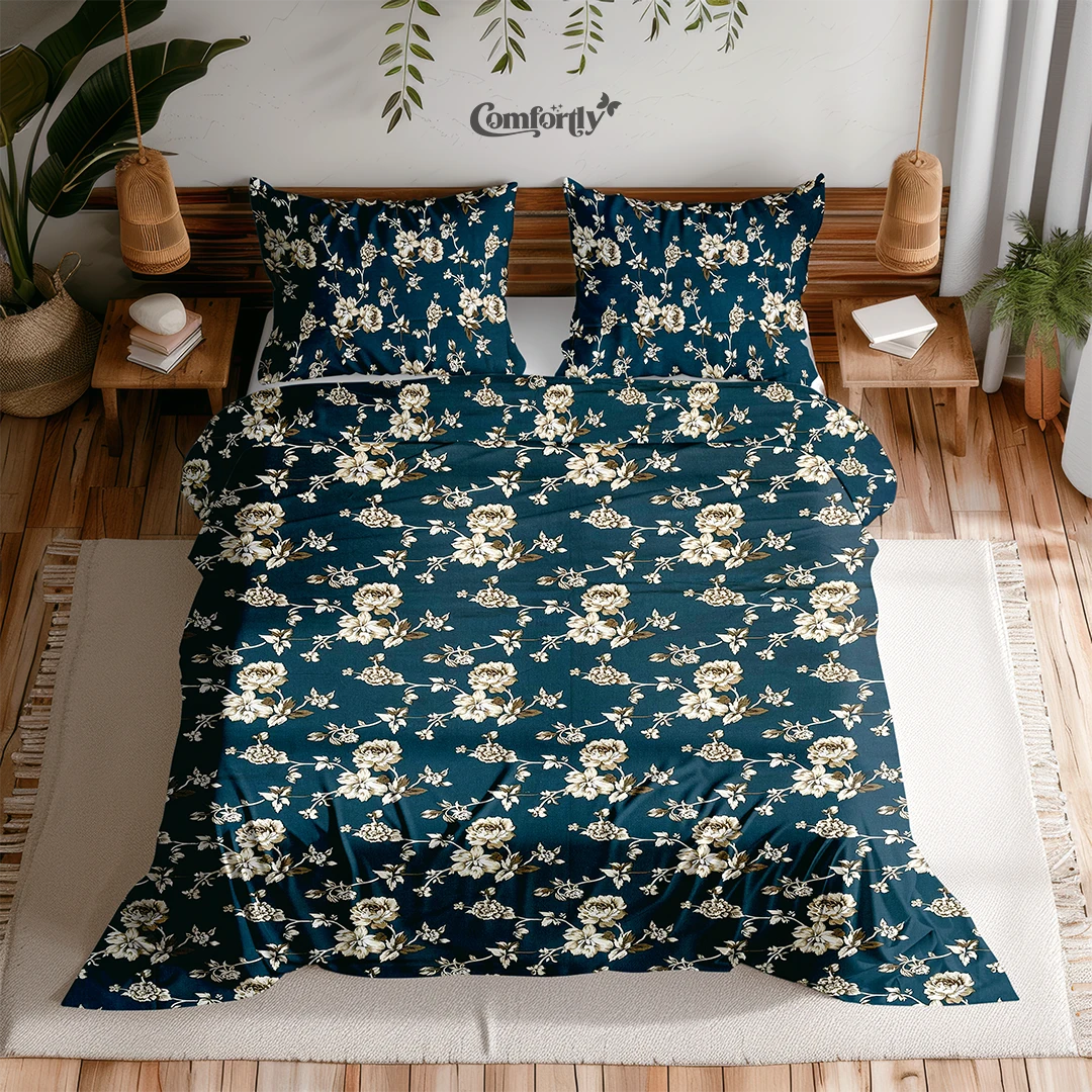 100% COTTON DOUBLE SIZE BEDSHEET – MIDNIGHT ROSE CHARM