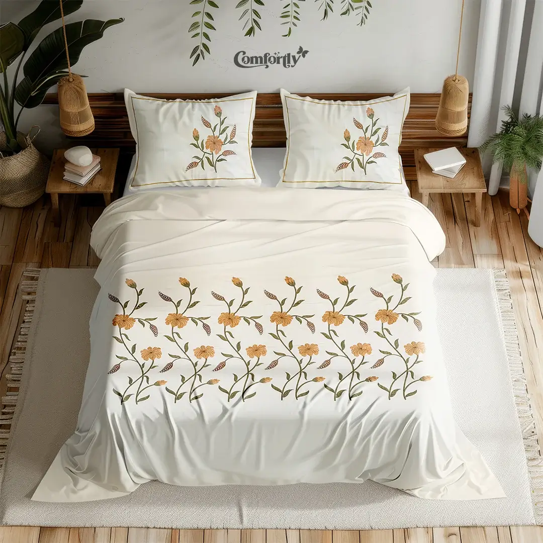 CRAFT HERITAGE PREMIUM 400 TC 100% COTTON EMBROIDERY KING SIZE BEDSHEET – MARIGOLD CHARM