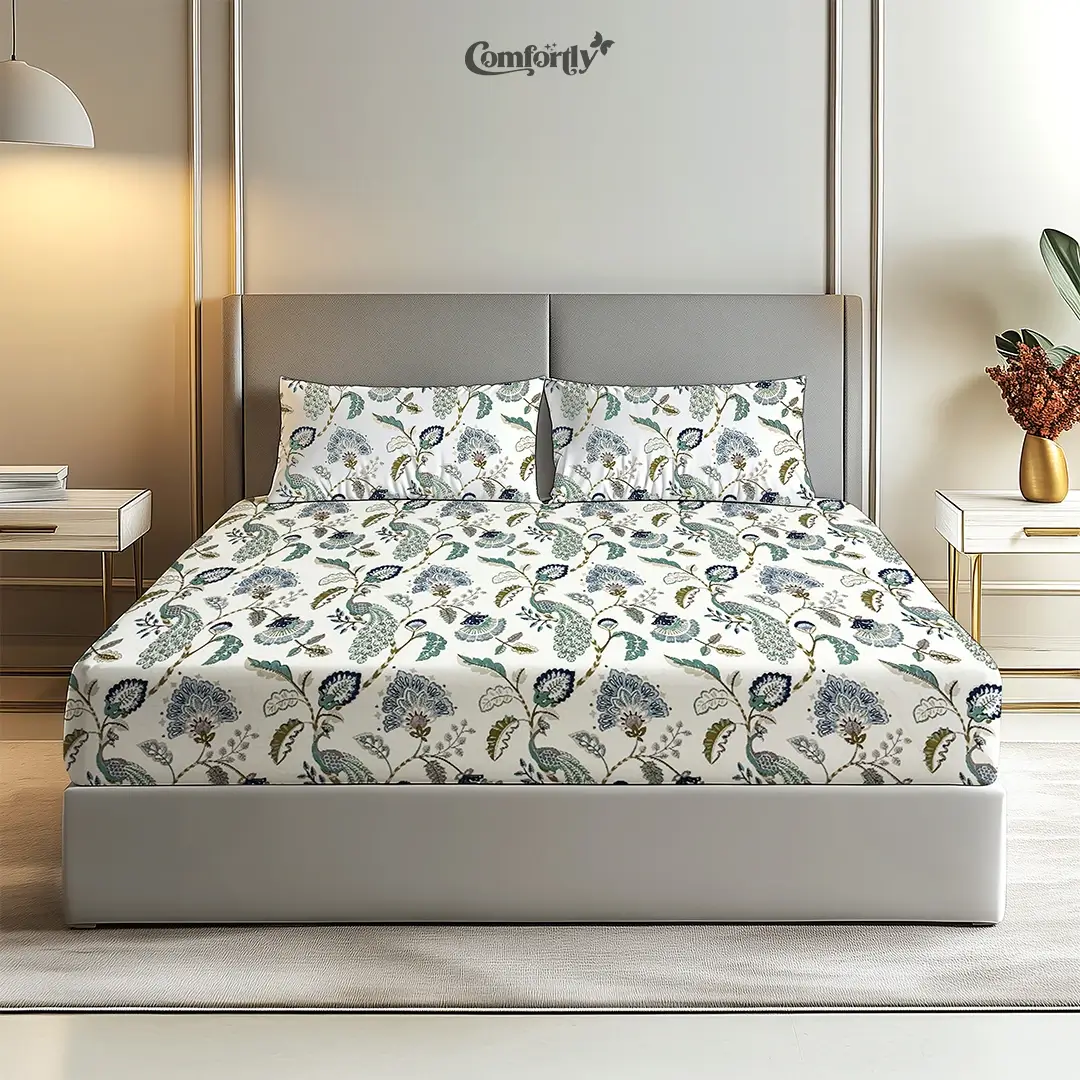 100% COTTON KING SIZE FITTED BEDSHEET – PEACOCK GARDENIA