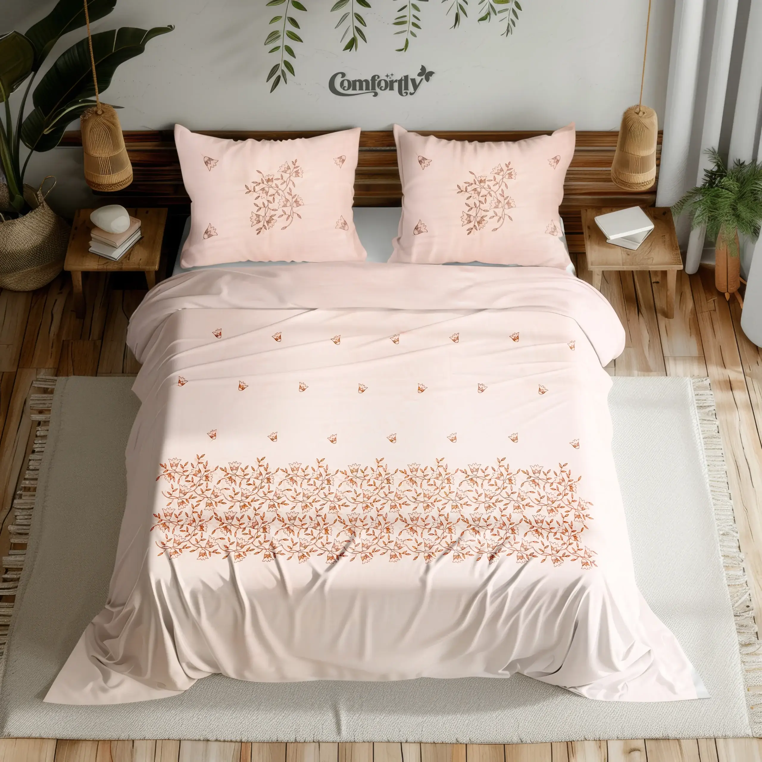 CRAFT HERITAGE PREMIUM 400 TC 100% COTTON EMBROIDERY KING SIZE BEDSHEET – VICTORIAN CHARM – DUSTY PINK