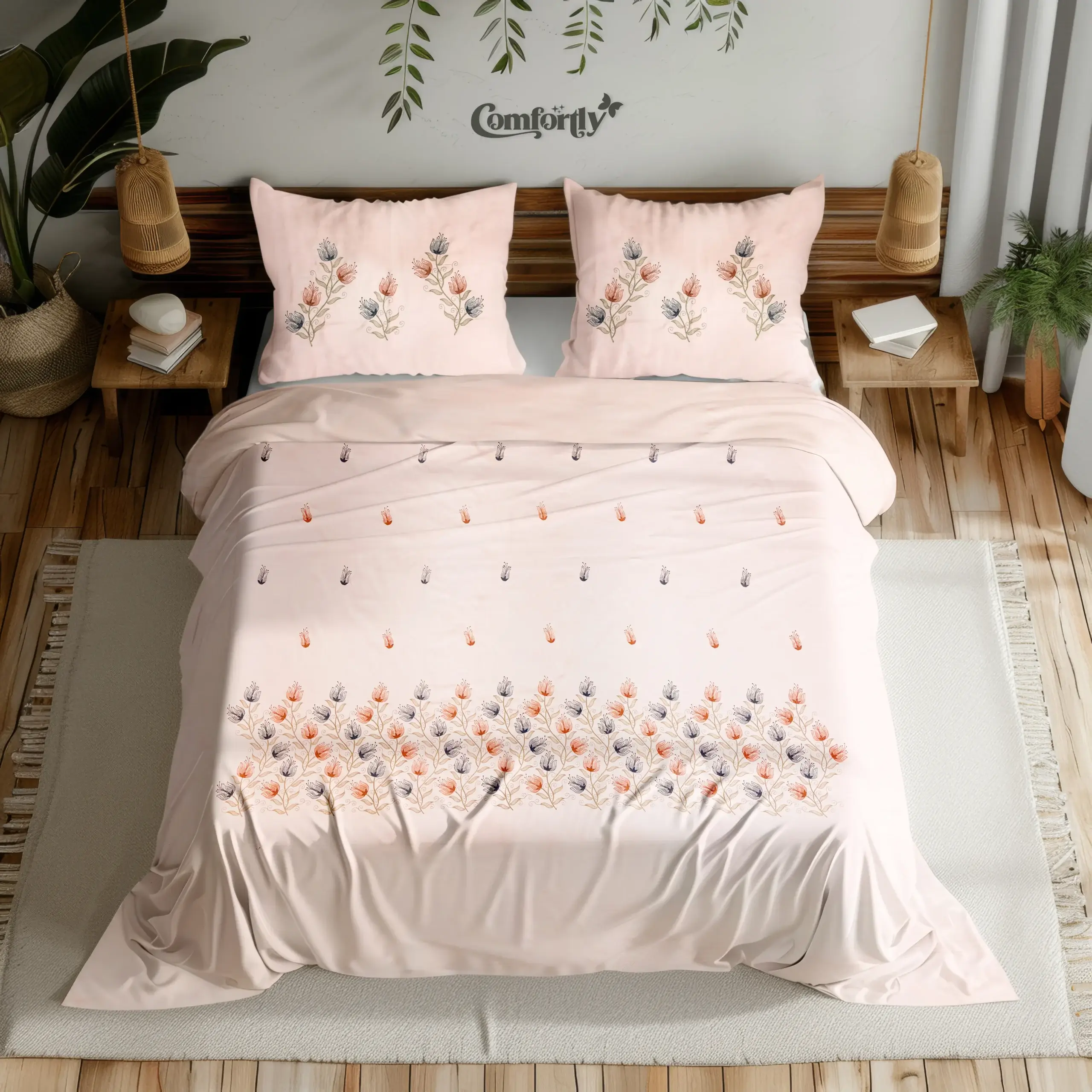 Peach Bloom Embroidered Cotton Bedsheet
