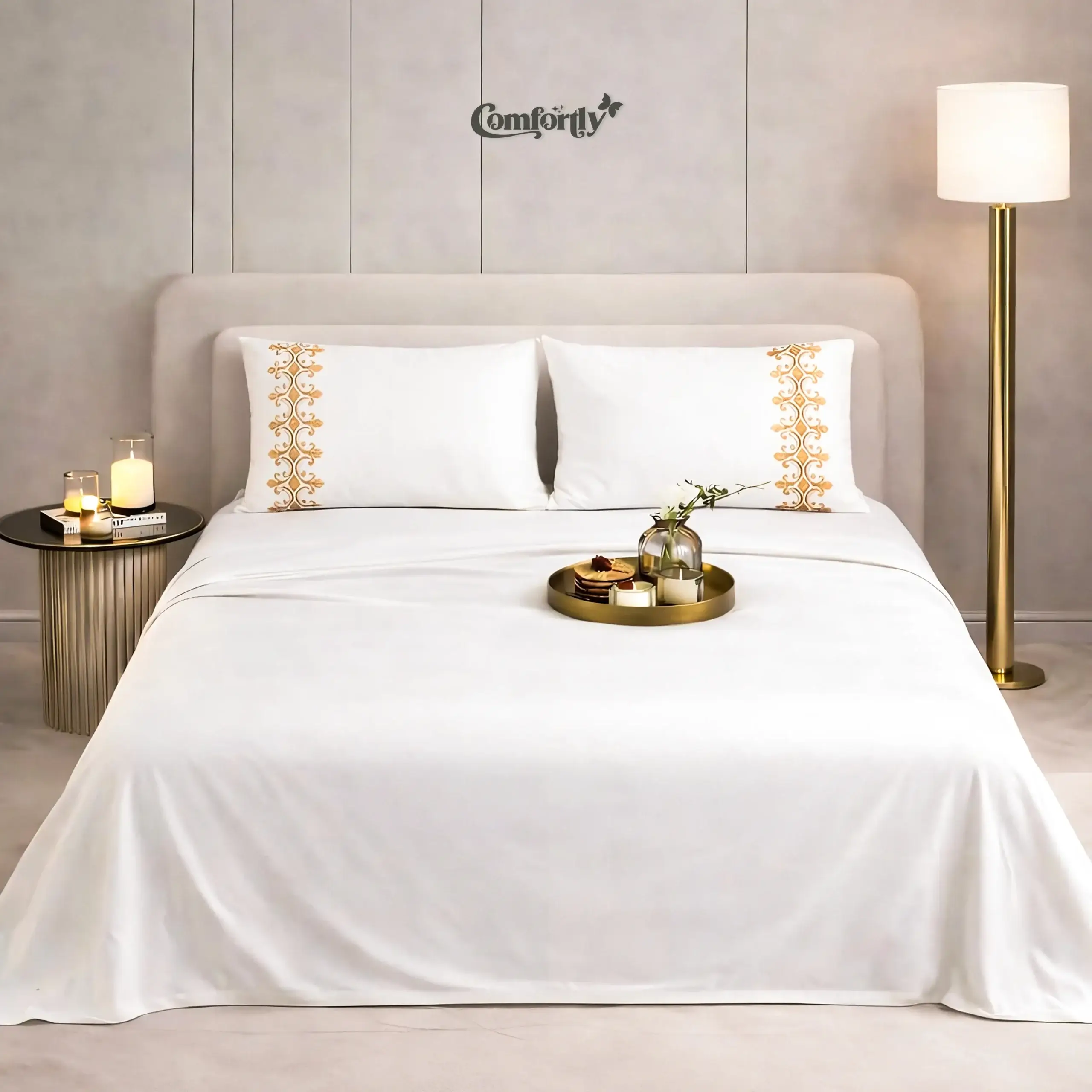 SATIN ORNATE 300 TC SATIN KING SIZE BEDSHEET – SOFT WHITE