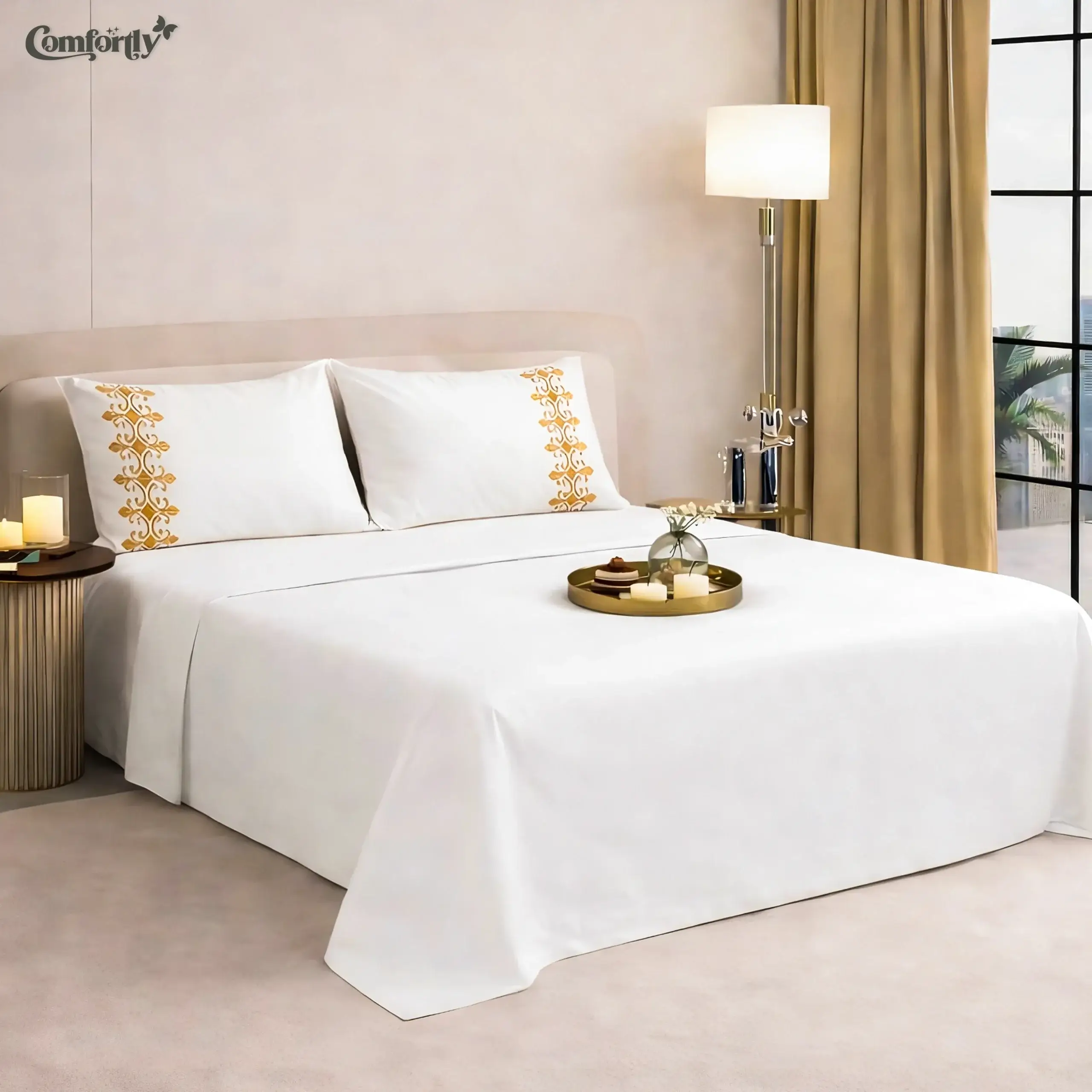 SATIN ORNATE 300 TC SATIN KING SIZE BEDSHEET – SOFT WHITE