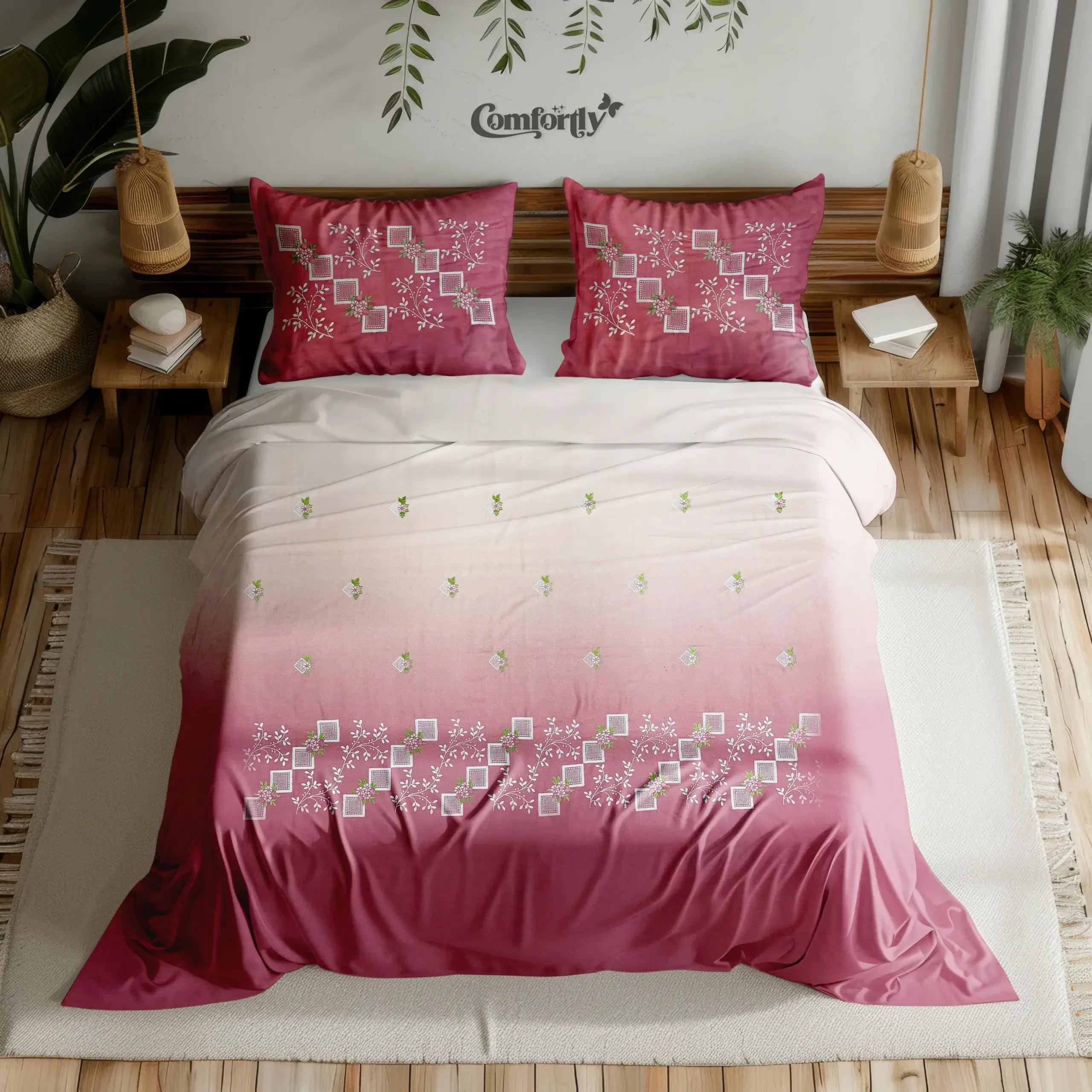 CRAFT HERITAGE PREMIUM 400 TC 100% COTTON EMBROIDERY KING SIZE BEDSHEET – ROSE GRADIENT BLISS
