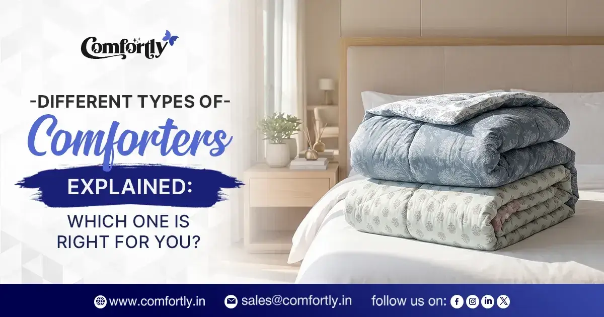 Different types of comforters displayed on a bed, including down, cotton, wool, and synthetic comforters for comparison.