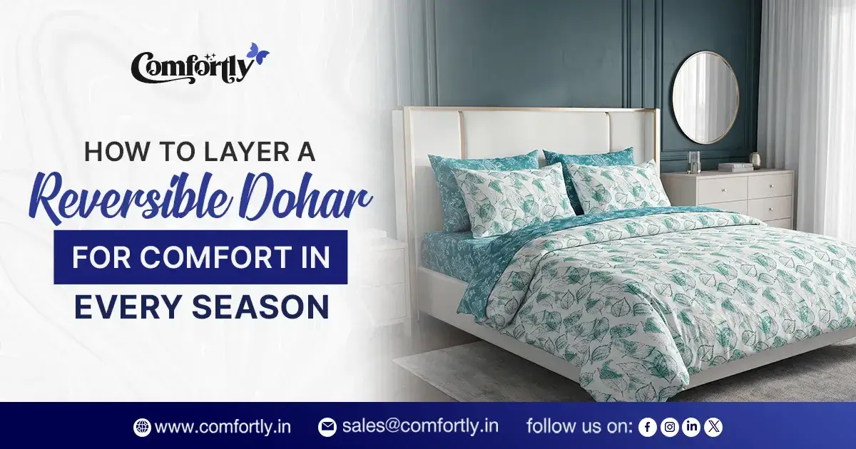 Layered bed featuring a reversible dohar with soft cotton bedding for all-season comfort